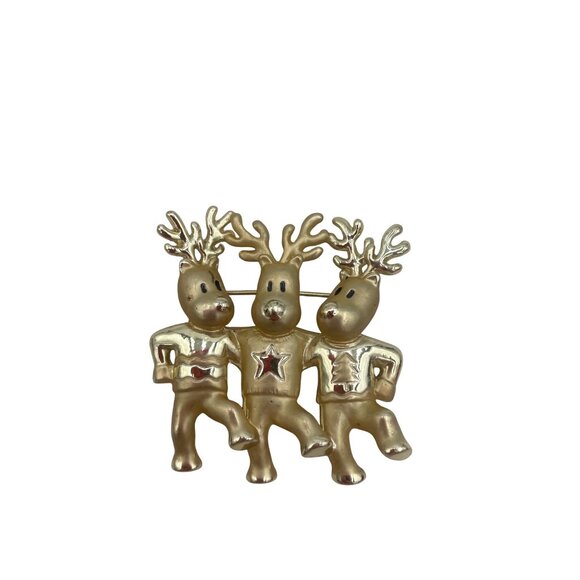 Gold-Tone Dancing Reindeer Brooch Pin Festive Design - Holiday Jewelry Accessory - Picture 1 of 4